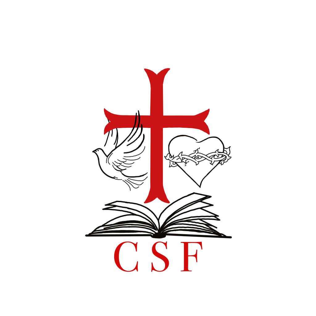A logo featuring a red cross, a dove, a heart with a crown of thorns, and an open book, accompanied by the letters 'CSF' in red.